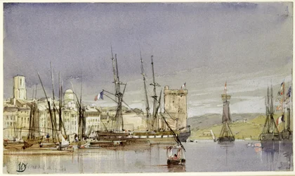 Marseille, fartyg för ankar och ett handelsfartyg i stiltje, 1836
